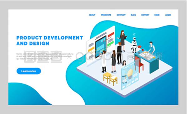 軟件產(chǎn)品開發(fā)和設(shè)計(jì)網(wǎng)站。從事工程、制造過程的人員。移動應(yīng)用程序模型板。平面網(wǎng)頁矢量插圖。產(chǎn)品開發(fā)和設(shè)計(jì)網(wǎng)頁,模型